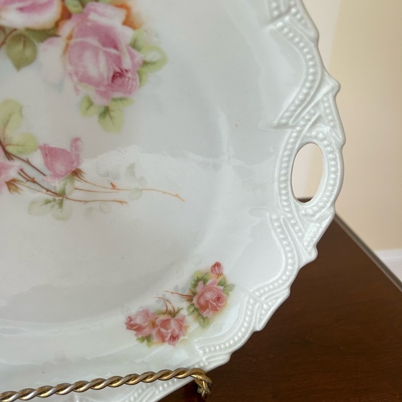 Vintage Porcelain Handled Pink Floral Cake or Serving Plate, garden party, - Picture 3 of 11